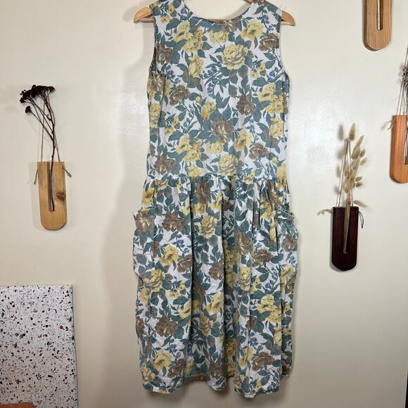 Women's Medium Sleeveless Vintage Chandri Yellow Flower Sundress - Picture 5 of 6